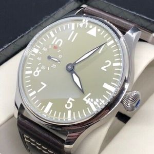 Men's Pilot Watch with Olive Green Dial and Brown Leather Strap